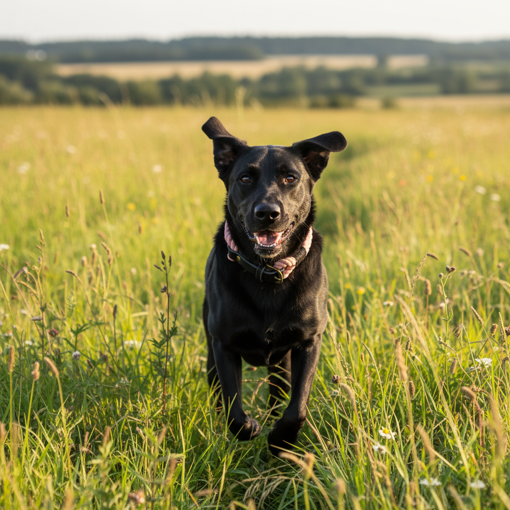Schwarzer Hund läuft fröhlich durch ein blühendes Feld, umgeben von sanften Hügeln und klarem Himmel.