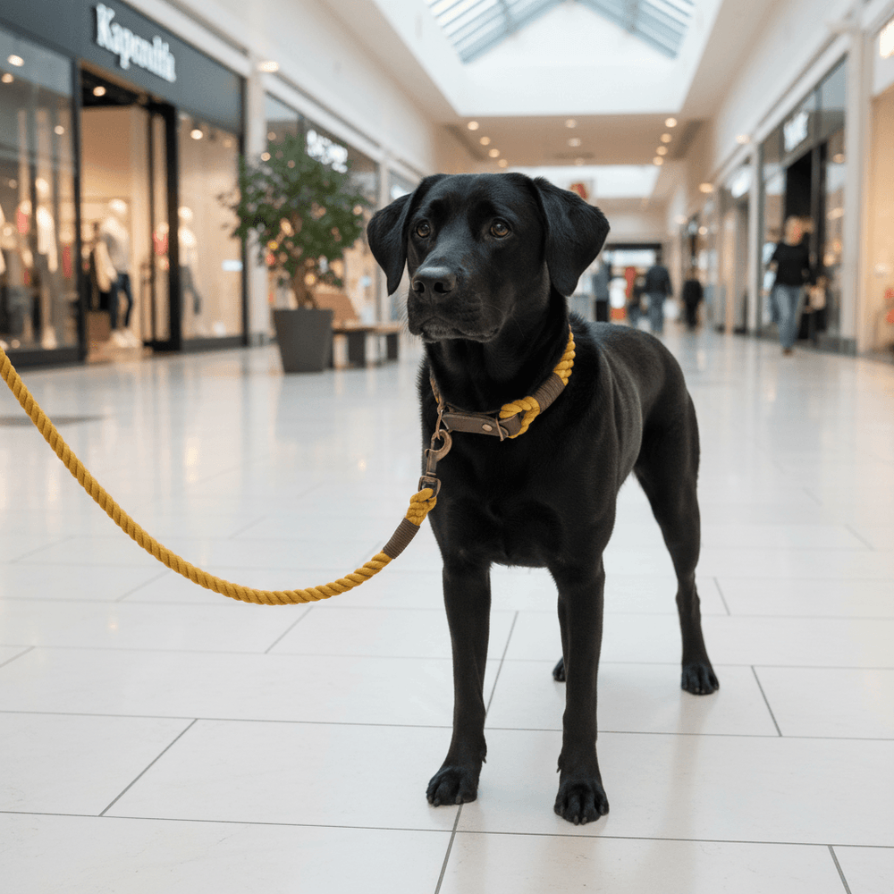 Schwarzer Hund mit gelbem Halsband in modernem Einkaufszentrum, umgeben von Geschäften und hellem Fliesenboden.
