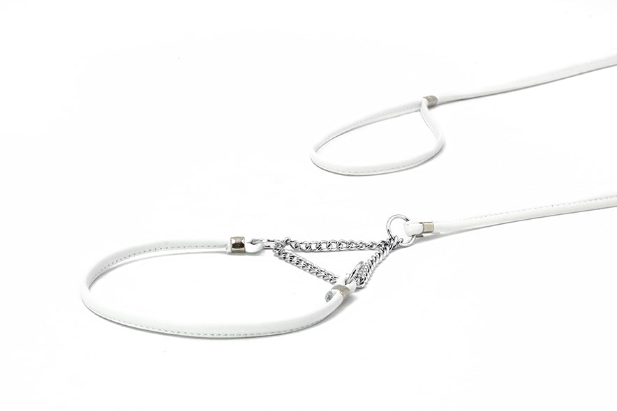Weißes Hundehalsband mit flexibler Struktur und Ketteneinsatz für sicheren Halt, ausgestattet mit einem Karabinerhaken.
