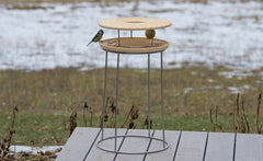 Moderner Vogelstand mit Metallgestell und zwei Futterplattformen, besetzt von einer Blaumeise.