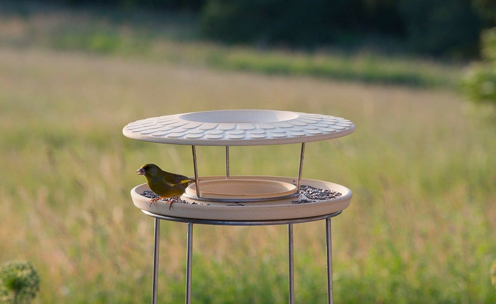 Moderner Vogelfutterspender in der Natur, rund mit schalenförmiger Oberseite und drei schlanken Beinen, mit grünem Vogel.