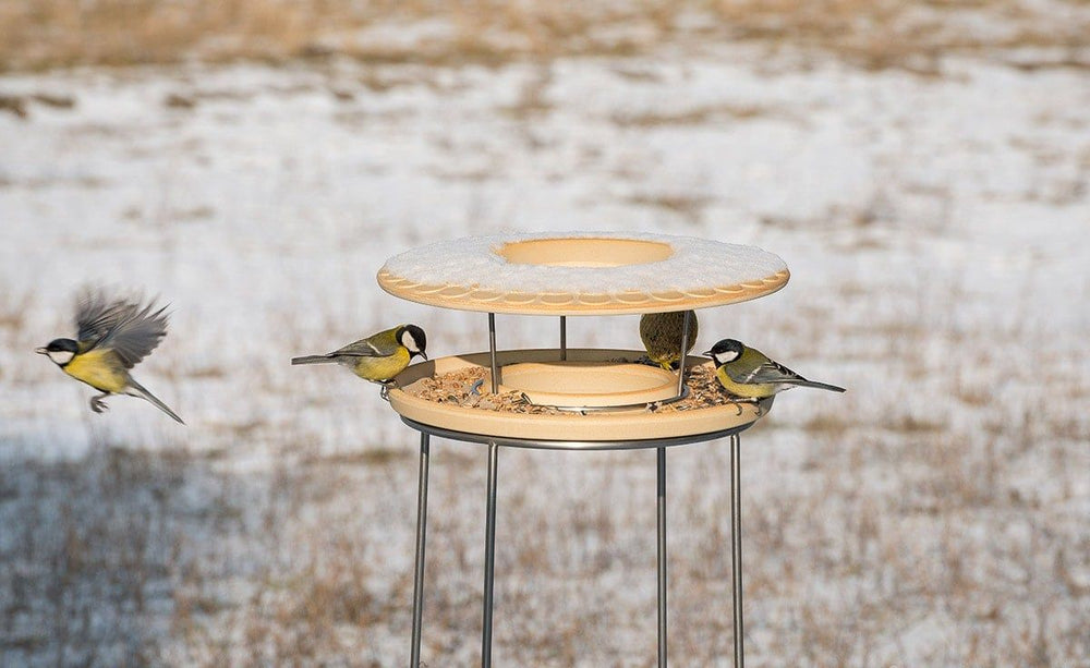 Vogelfutterhaus auf einem Ständer im Freien, gefüllt mit Futter und umgeben von Kohlmeisen.