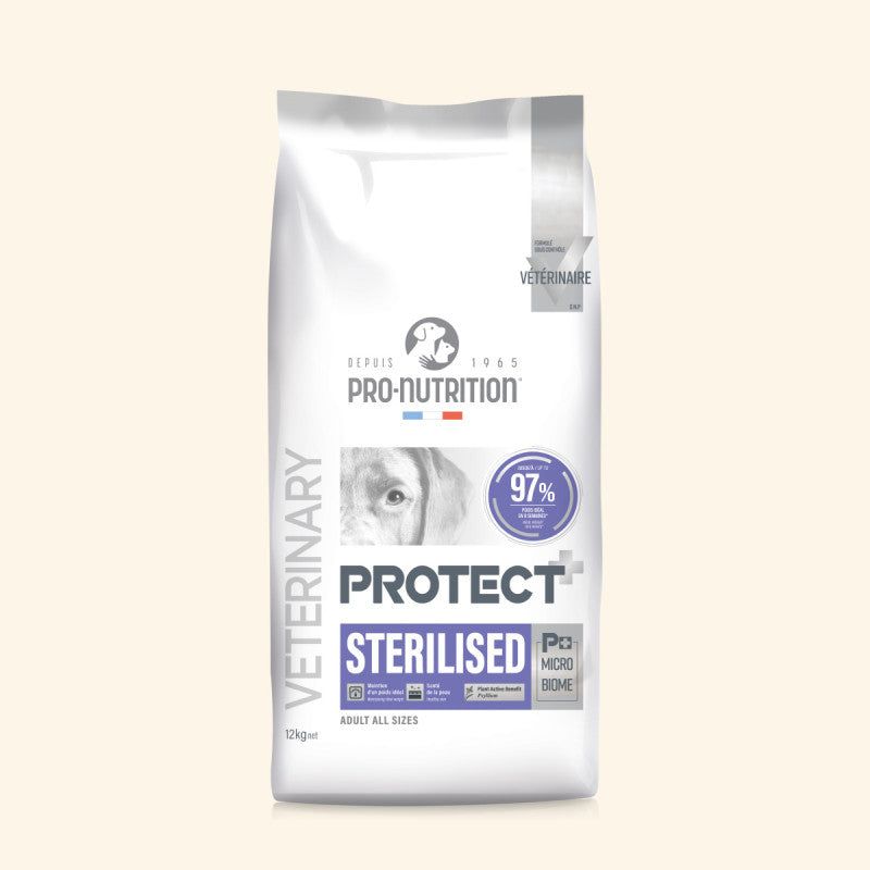 Hundefutter Pro-Nutrition für sterilisierten Hunde in weißem Sack mit Informationen zur hohen Verdaulichkeit.