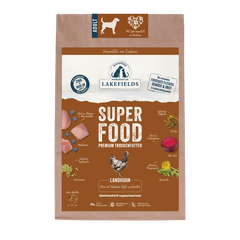Verpackung des Lakefields Trockenfutters "Superfood" mit Huhn für erwachsene Hunde in braunem Design.