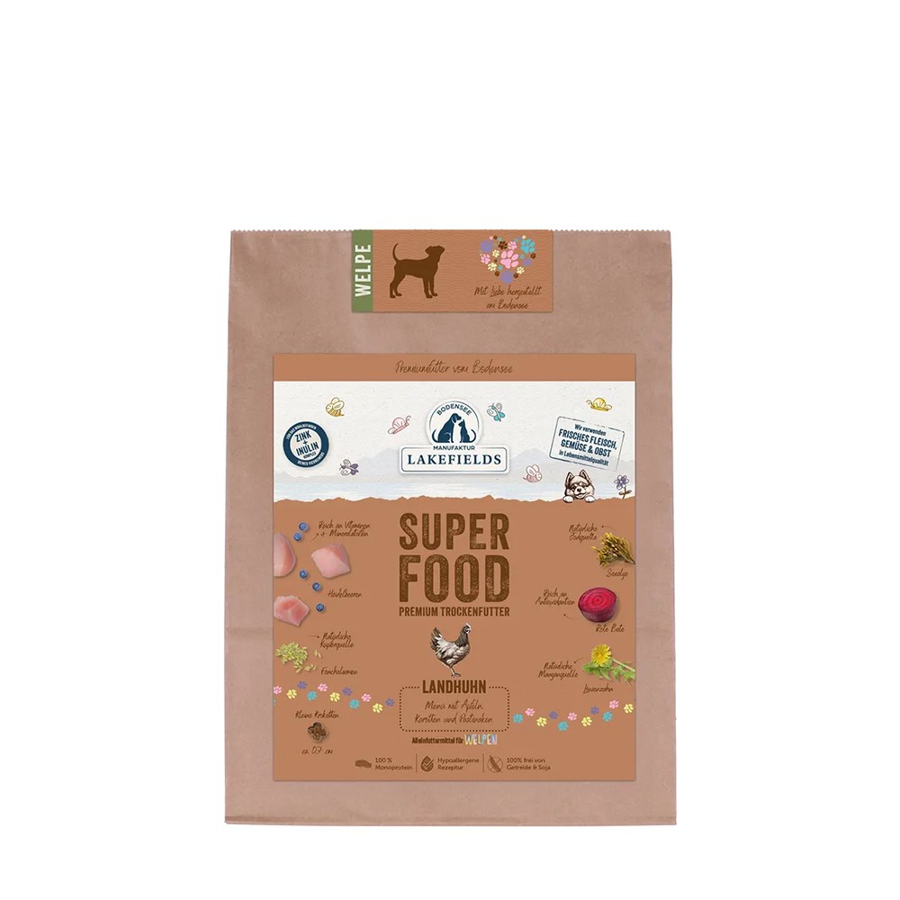 Verpackung von Lakefields Trockenfutter für Welpen mit Huhn in umweltfreundlicher Tüte.