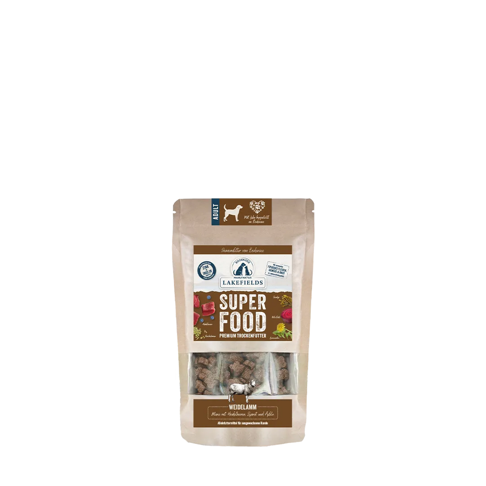 Verpackung des vegetarischen Trockenfutters "Lakefields Super Food" aus Kraftpapier mit ansprechendem Design.