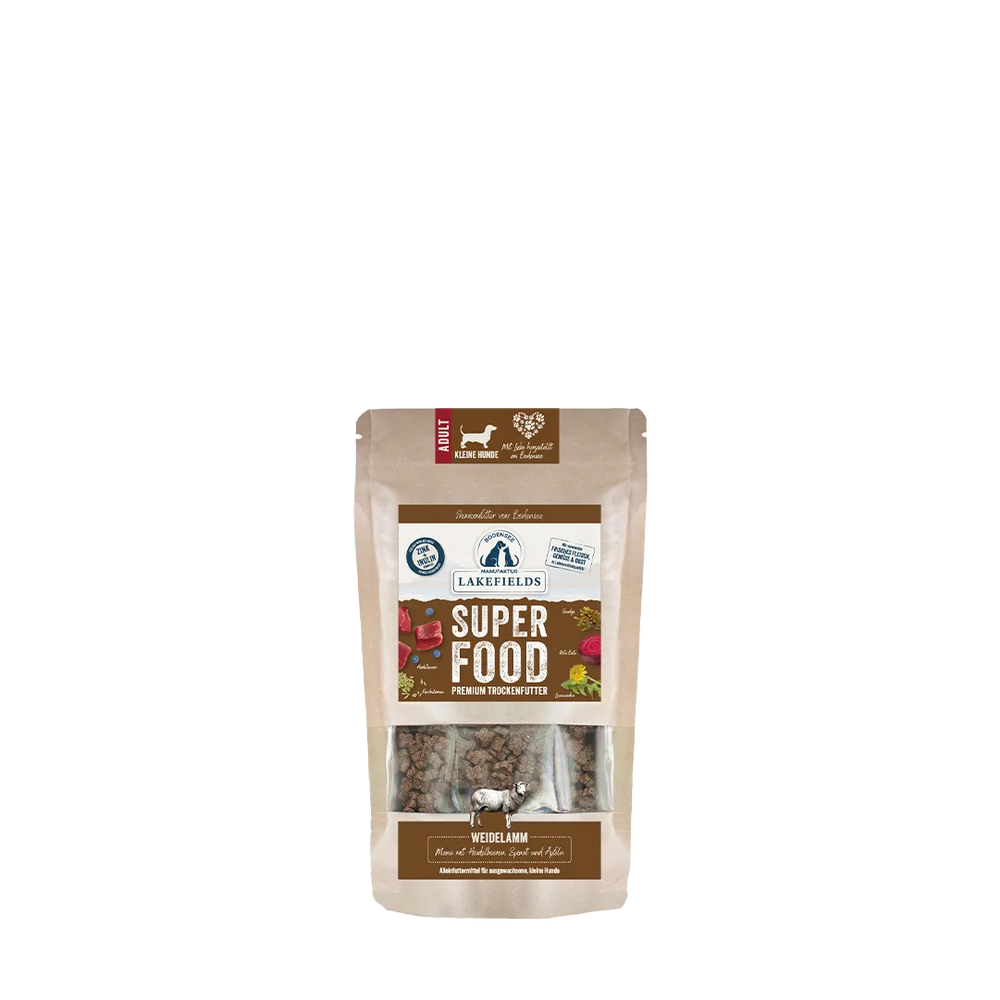 Verpackung von Lakefields Superfood Lamm-Trockenfutter für kleine Hunde in brauner Tüte mit Grafiken.