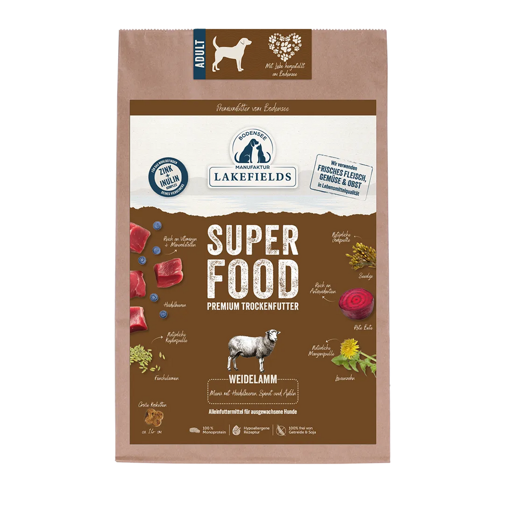 Verpackung von Lakefields Hunde-Trockenfutter "Super Food" mit Weidelamm in brauner Design.