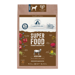 Verpackung von Lakefields Hunde-Trockenfutter "Super Food" mit Weidelamm in brauner Design.