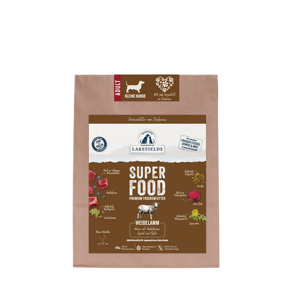 Trockenfutter SUPERFOOD Lamm von Lakefields für kleine Hunde – gesunde Ernährung in praktischer Verpackung.