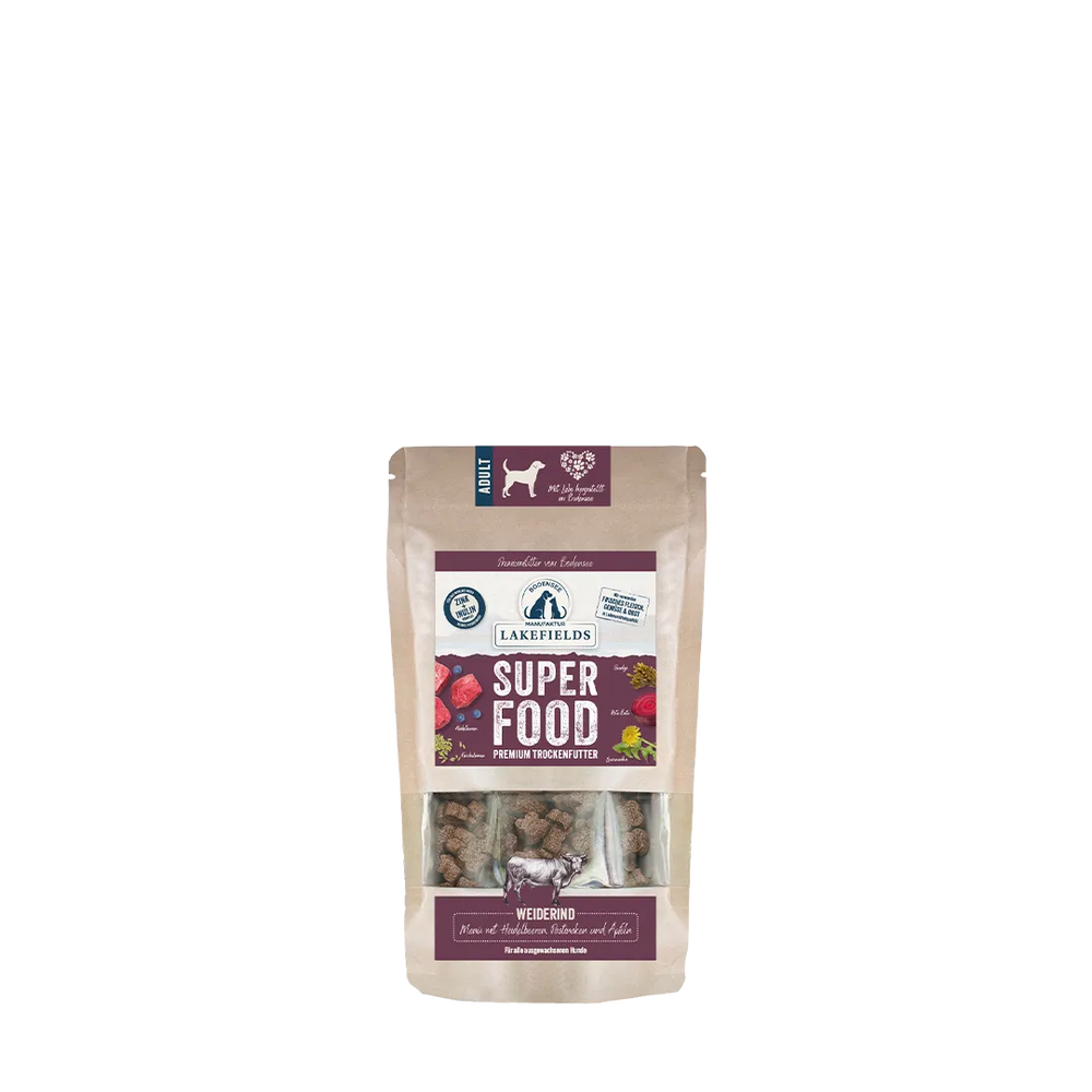 "Verpackung von Lakefields Trockenfutter SUPERFOOD Rind für Hunde in neutralen Farben mit Zutateninformationen."