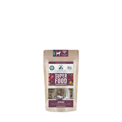 "Verpackung von Lakefields Trockenfutter SUPERFOOD Rind für Hunde in neutralen Farben mit Zutateninformationen."