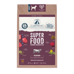 Verpackung von Lakefields Trockenfutter SUPERFOOD Rind für Hunde, braun mit lila Akzenten und appetitlichen Zutatenbildern.