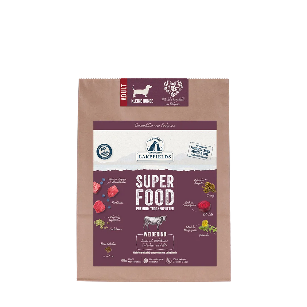 Verpackung von Lakefields SUPERFOOD Rind für kleine Hunde in lila-weißer Gestaltung aus kraftpapier.