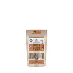 "Lakefields SUPERFOOD STICKS für Welpen in Kraftpapierverpackung mit Huhn und Lammabbildung, gesund und nahrhaft."