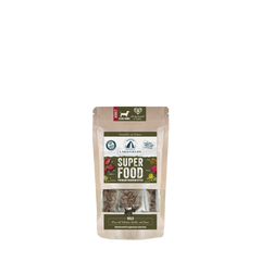 Verpackung von Lakefields Super Food Trockenfutter "Wild" mit Trockenfleisch und Trockenfrüchten in umweltfreundlicher Tüte.