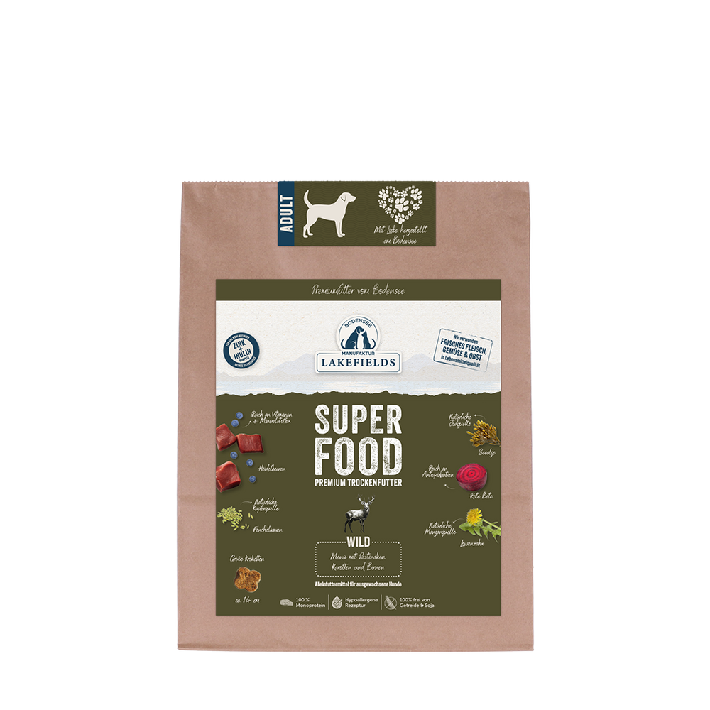 Trockenfutter SUPERFOOD Wild für Hunde in brauner Verpackung mit grünem Etikett von Lakefields.