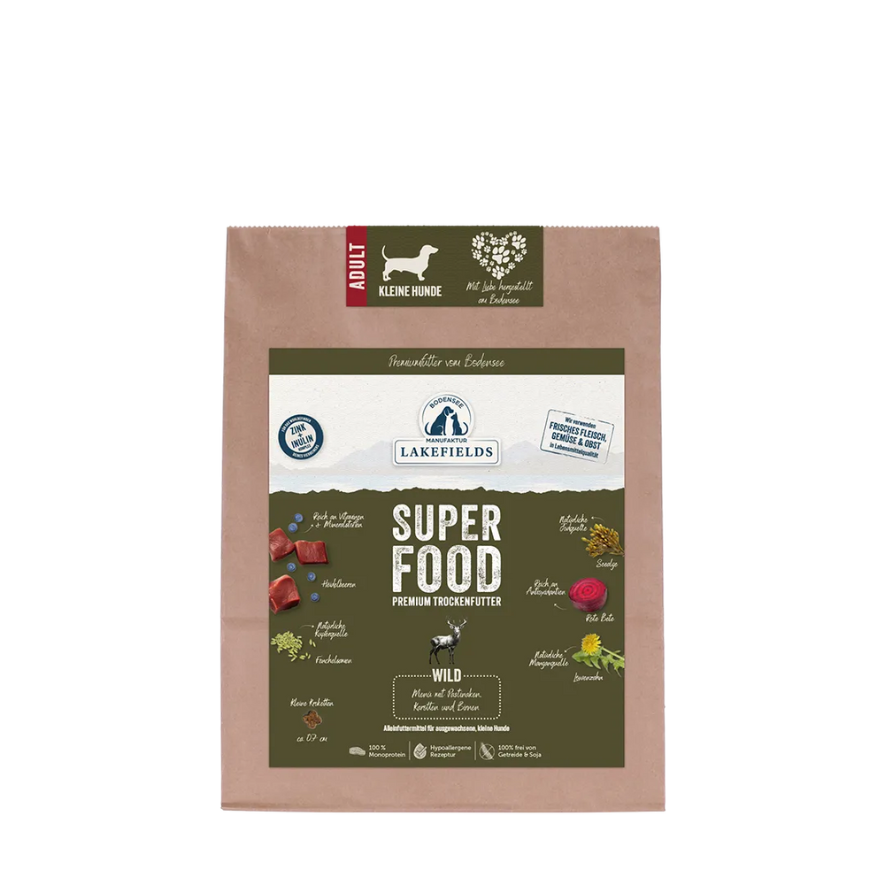 Packung Lakefields Trockenfutter SUPERFOOD Wild für Erwachsene Hunde, braun mit grünen und blauen Akzenten.