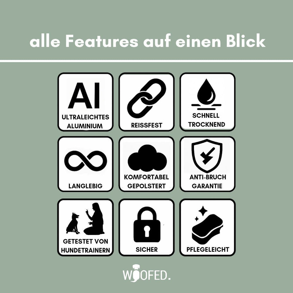 "Übersicht der Produktmerkmale eines ultraleichten Nylon Halsbands mit Griff - von Reisfestigkeit bis komfortabler Polsterung."