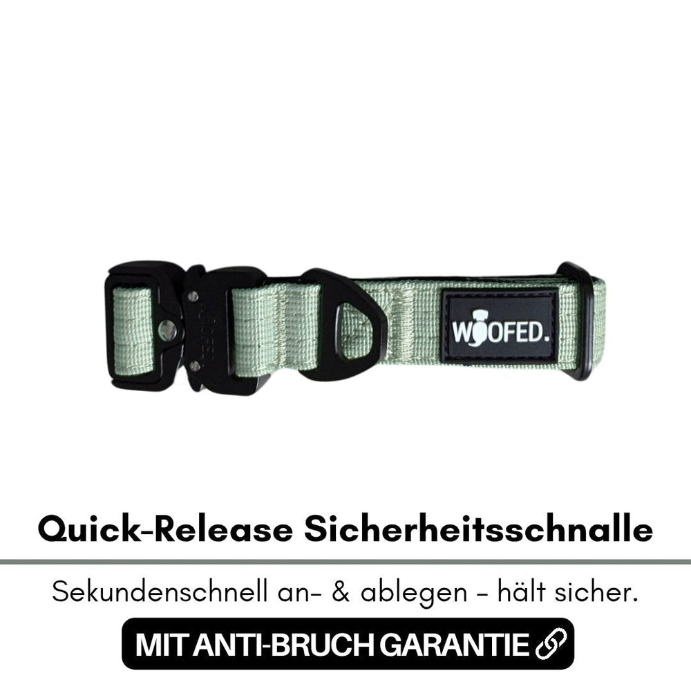 "Ultraleichtes Nylon Halsband in Olivgrün mit schwarzer Quick-Release Schnalle und 'WOOFED' Marke."