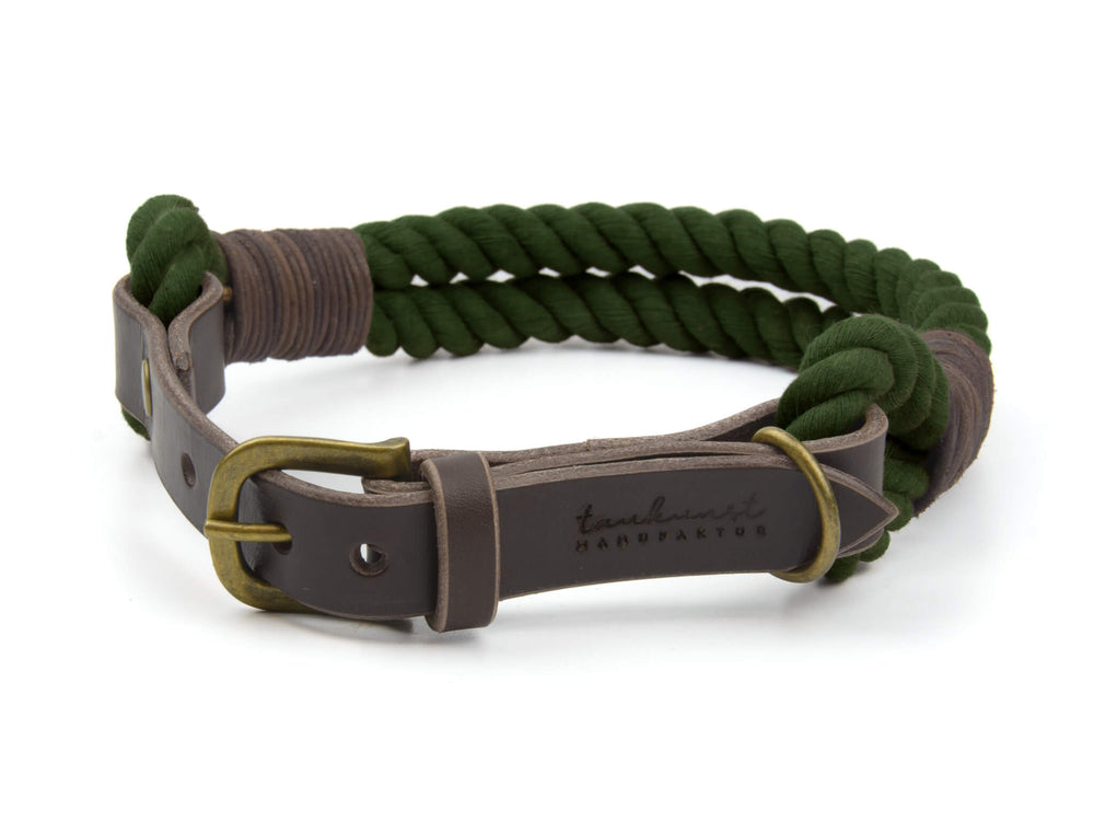 Grünes geflochtenes Hundehalsband mit braunen Lederdetails und verstellbarer Metallbeschleifung. Ideal für stilvolle Hunde.