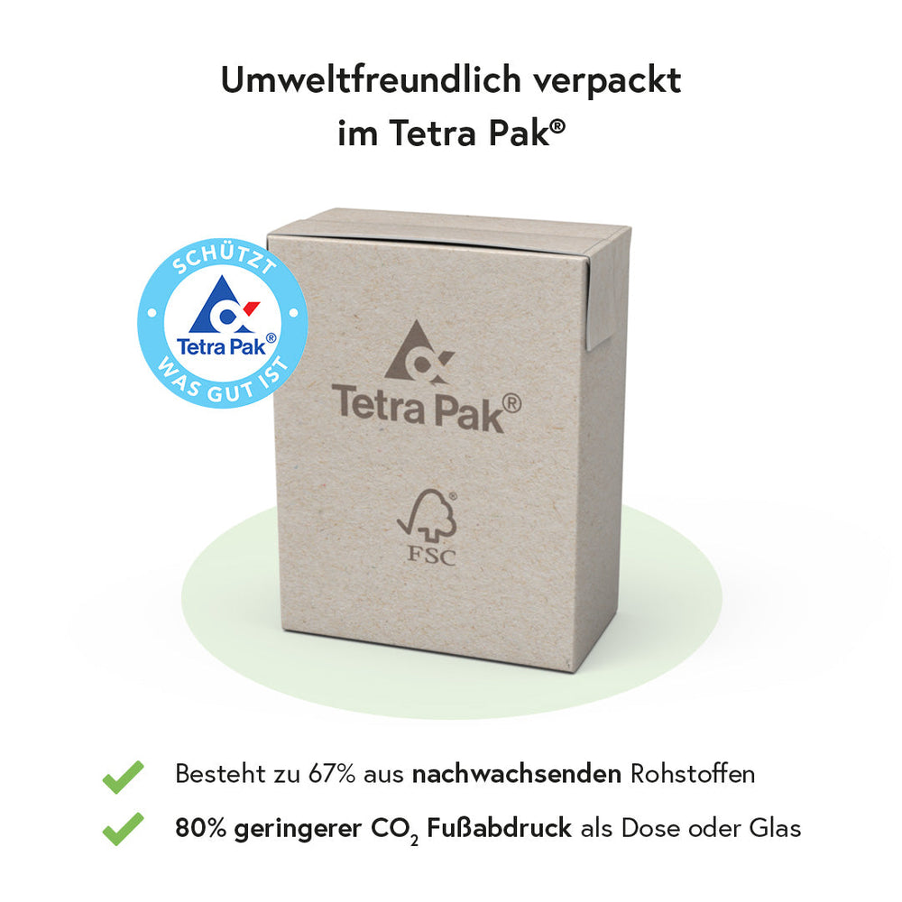 Umweltfreundliche Tetra Pak-Verpackung von FRED Tricolore mit 67 % nachwachsenden Rohstoffen und 80 % weniger CO₂-Emissionen.