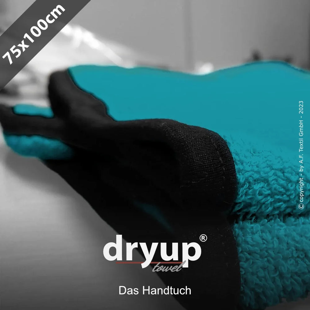 Leuchtend türkises Dryup® Handtuch (75x100 cm) mit schwarzem Rand und prominentem Logo in der Mitte.