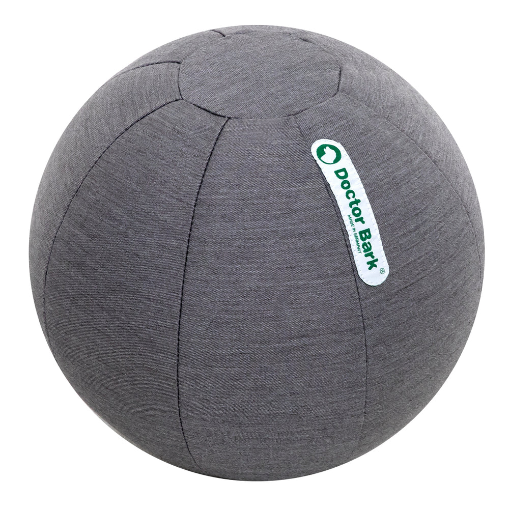 Grauer Medicine Ball mit grünem "Doctor.Bark" Logo, strukturiert und weich, ideal für Hunde-Spielzeug.