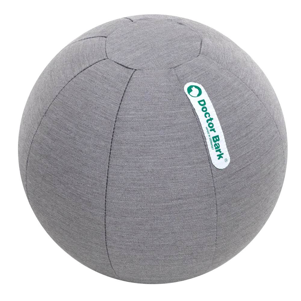 Grau gestreifter Gymnastikball mit "Doctor.Bark"-Aufkleber für Haustiere, perfekt zum Spielen und Trainieren.