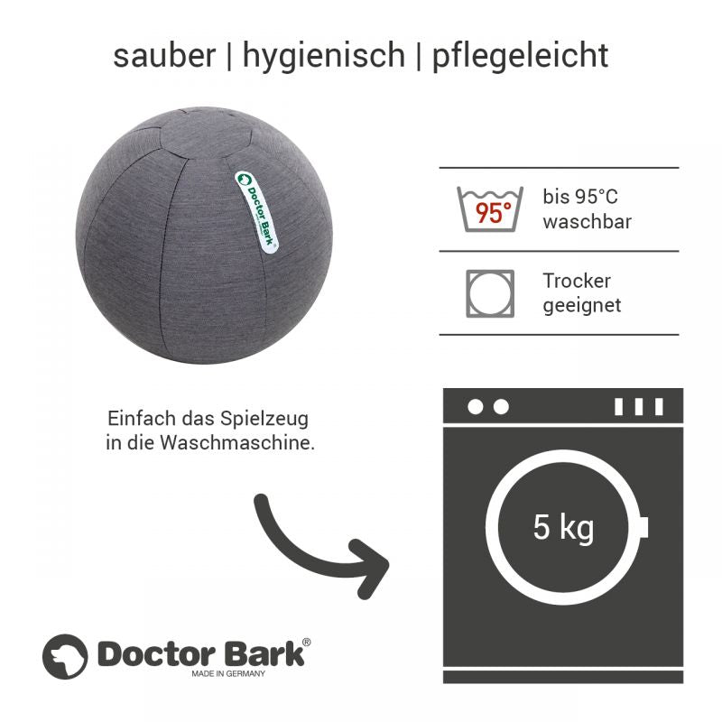 Hygienischer Hundespielzeugball von Doctor Bark, pflegeleicht und bis 95°C temperaturbeständig.
