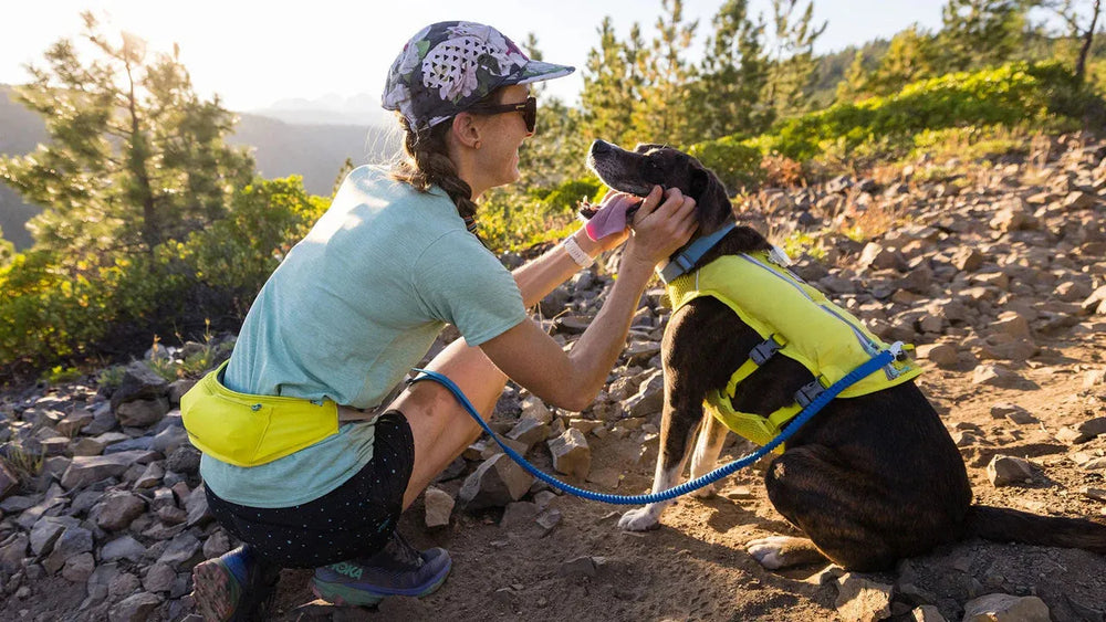 Läuferin mit einem Hund in sonniger Umgebung, trägt ein T-Shirt und Bauchtasche, nutzt die Trail Runner™ Leine.