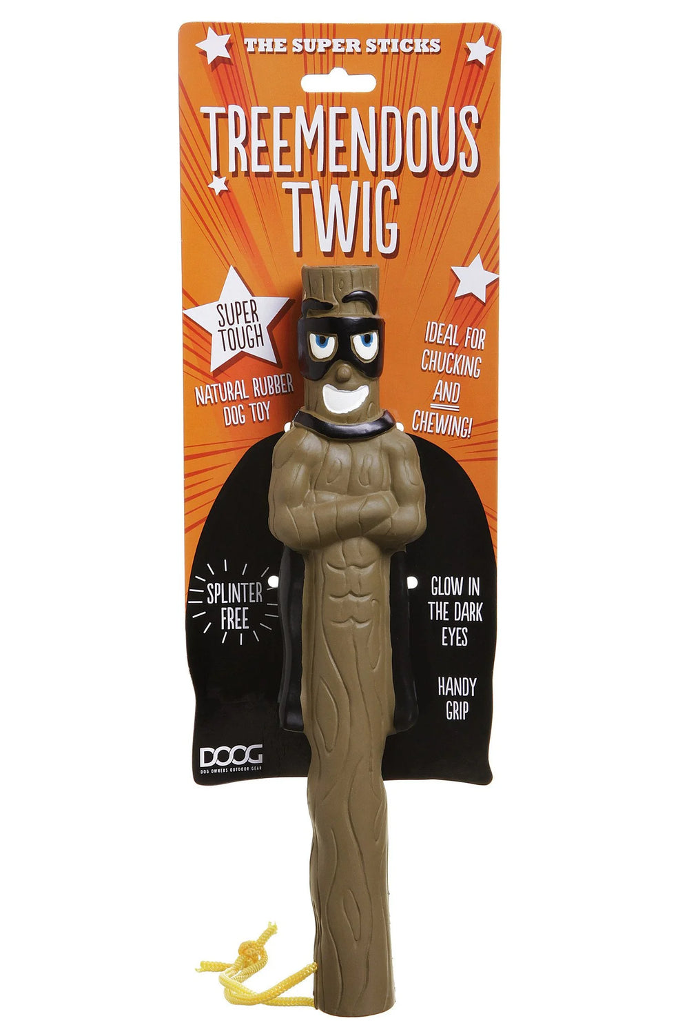 Hundespielzeug "Tremendous Twig" aus Naturkautschuk in Astform mit maskierter Figur, ideal für Spiel und Spaß.