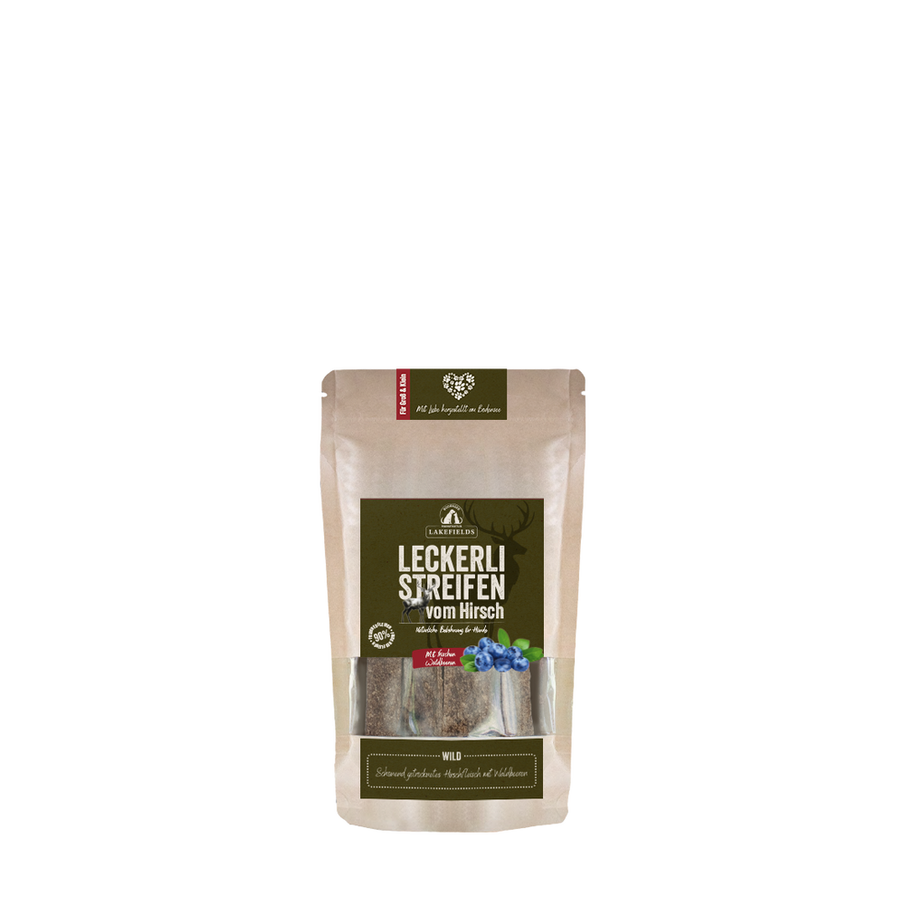 Verpackung von Leckerli-Streifen vom Hirsch in umweltfreundlichem Design mit braunem Material und bunten Akzenten.