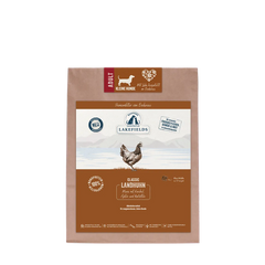 Trockenfutter-Menü Huhn für Hunde in der Papiertüte von Lakefields, mit neutralem Design und Inhaltsstoffen.