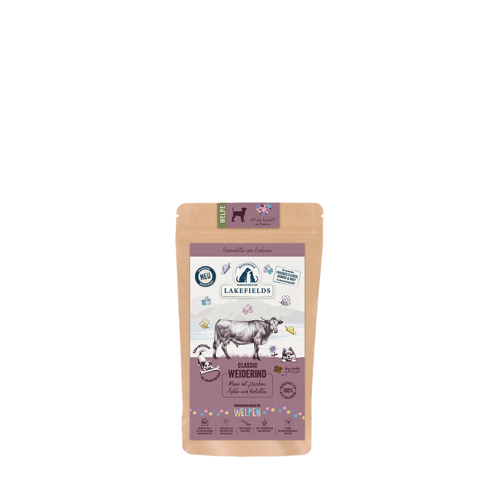 Braune Kraftpapierverpackung von Lakefields Trockenfutter für Welpen mit Rind und Hundillustrationen.