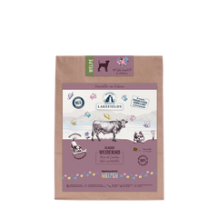 Verpackung von Lakefields Trockenfutter für Welpen mit Rind, braun-lila Design, für gesunde Ernährung.