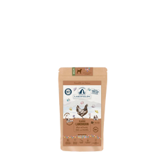 Verpackung von Lakefields Trockenfutter-Menü Huhn für Welpen mit bunten Tiermotiven und Hühnerabbildung.