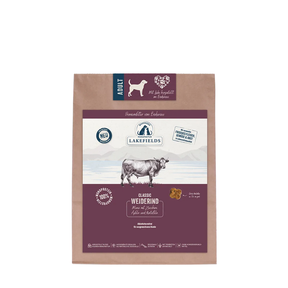 Trockenfutter-Menü für Hunde mit Rind, in grau-beiger Kraftpapiertüte von Lakefields, ideal für die gesunde Ernährung.