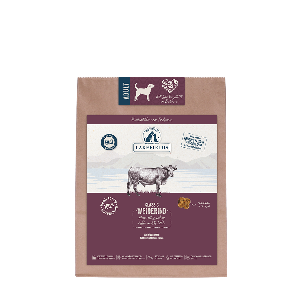 Trockenfutter-Menü für Hunde mit Rind, in grau-beiger Kraftpapiertüte von Lakefields, ideal für die gesunde Ernährung.