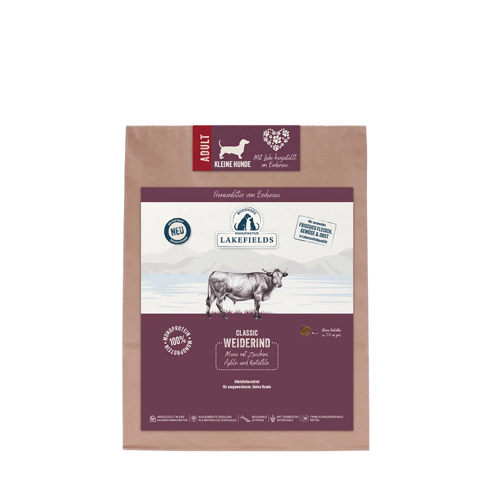 Verpackung von Lakefields Trockenfutter für kleine Hunde mit Rindfleisch, neu und hochwertig.