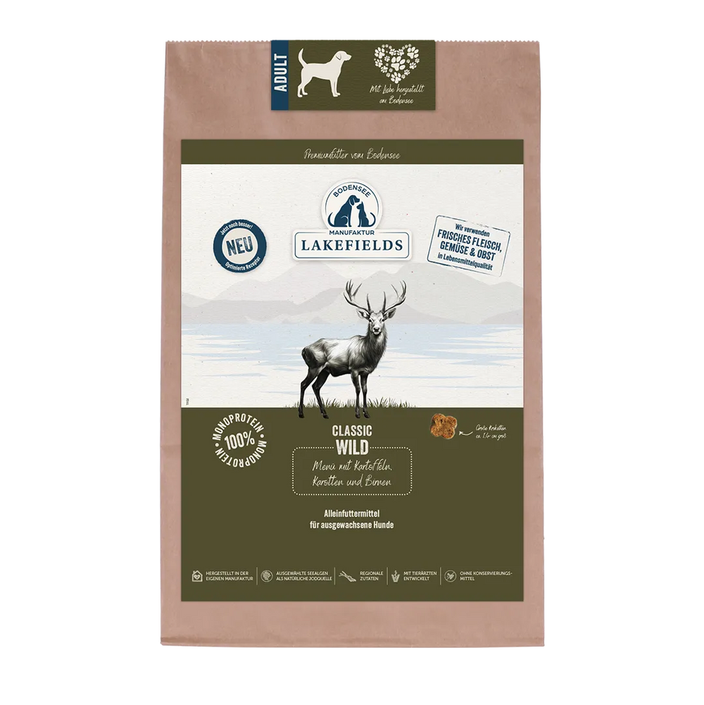 Verpackung von Lakefields Trockenfutter für Hunde mit Rehmotiv und kraftpapierähnlichem Design.