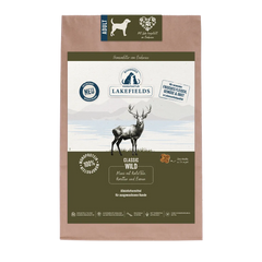 Verpackung von Lakefields Trockenfutter für Hunde mit Rehmotiv und kraftpapierähnlichem Design.