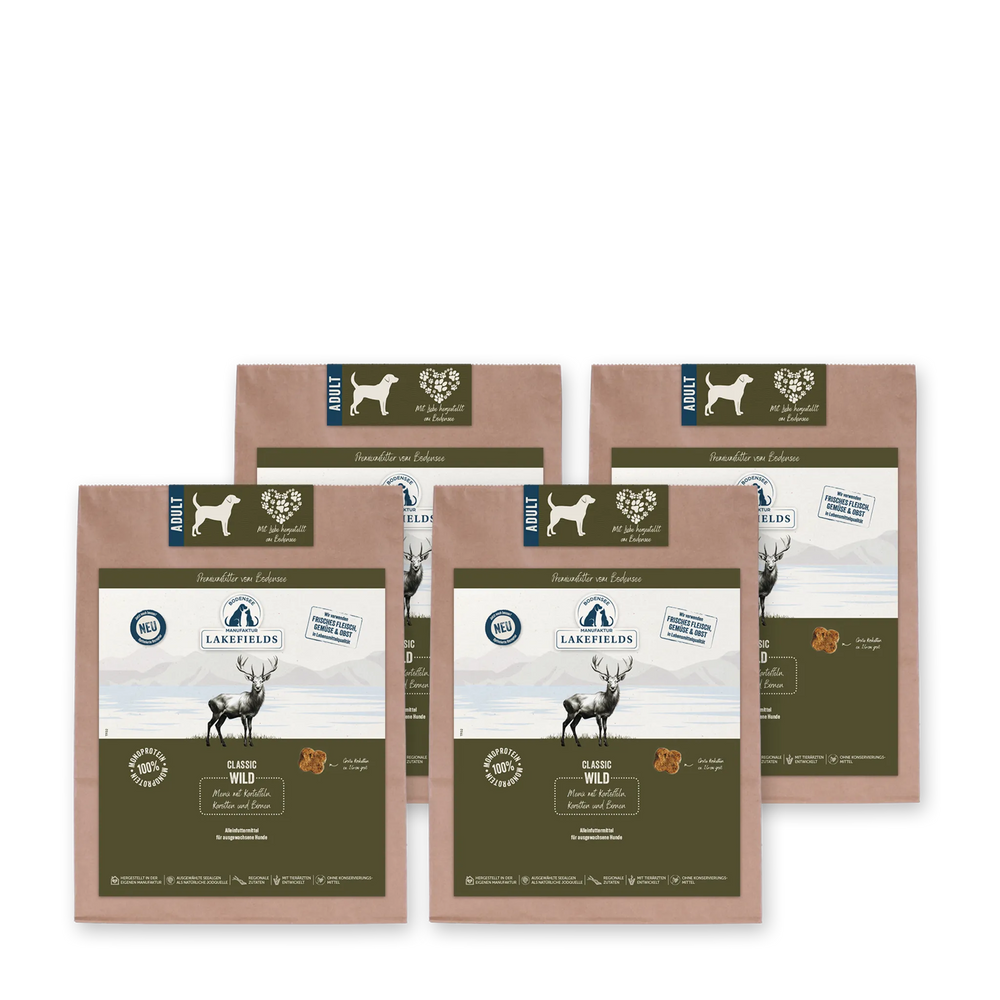Packungen von Laakfields Trockenfutter für Hunde in Beutelformat, mit Wildmotiven für Erwachsene.