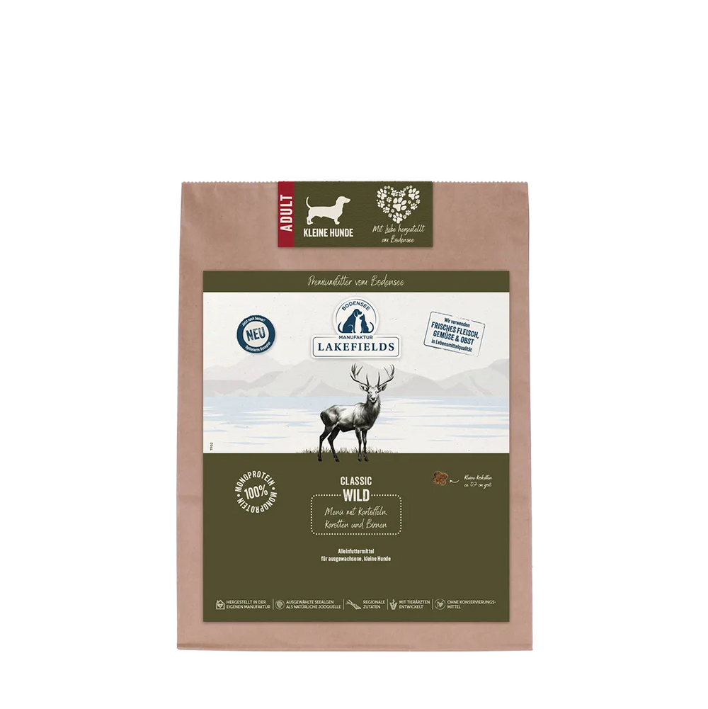 Verpackung von Lakefields Trockenfutter Classic Wild für kleine Hunde in braunem Design.