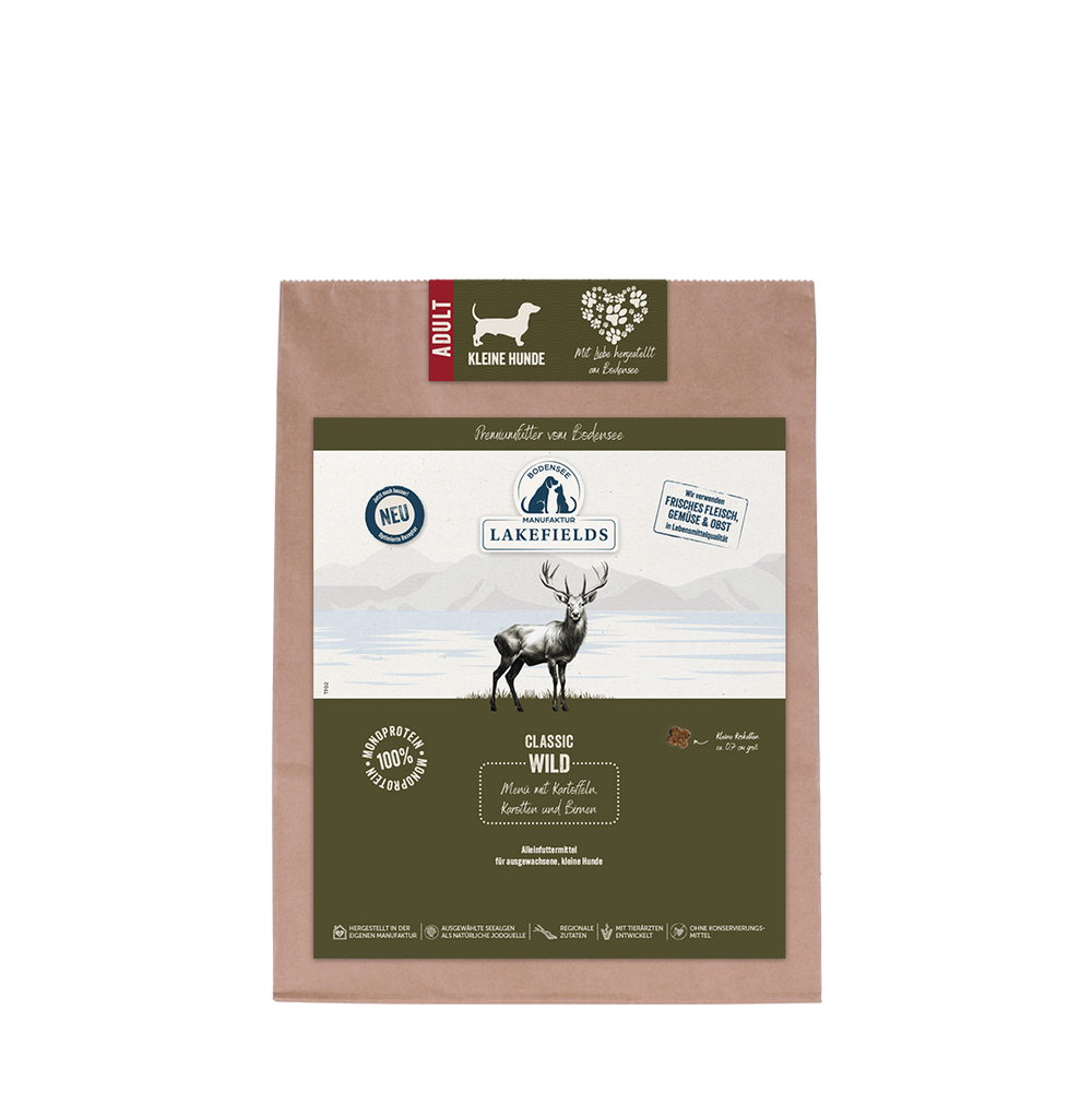 Verpackung von Lakefields Trockenfutter Classic Wild für kleine Hunde in braunem Design.