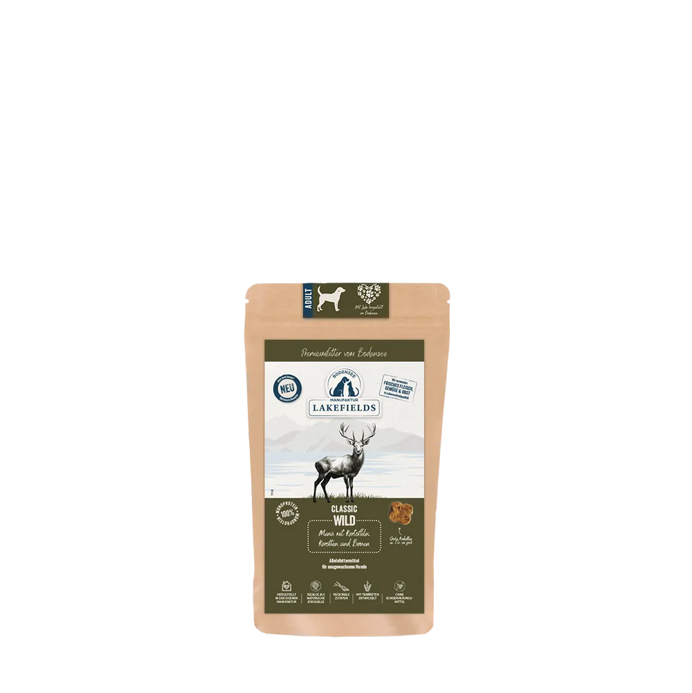 Verpackung von Lakefields Trockenfutter-Menü Wild für Hunde, braune Tüte mit transparentem Fenster und Geschmacksangabe.