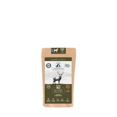 Verpackung von Lakefields Trockenfutter-Menü Wild für Hunde, braune Tüte mit transparentem Fenster und Geschmacksangabe.