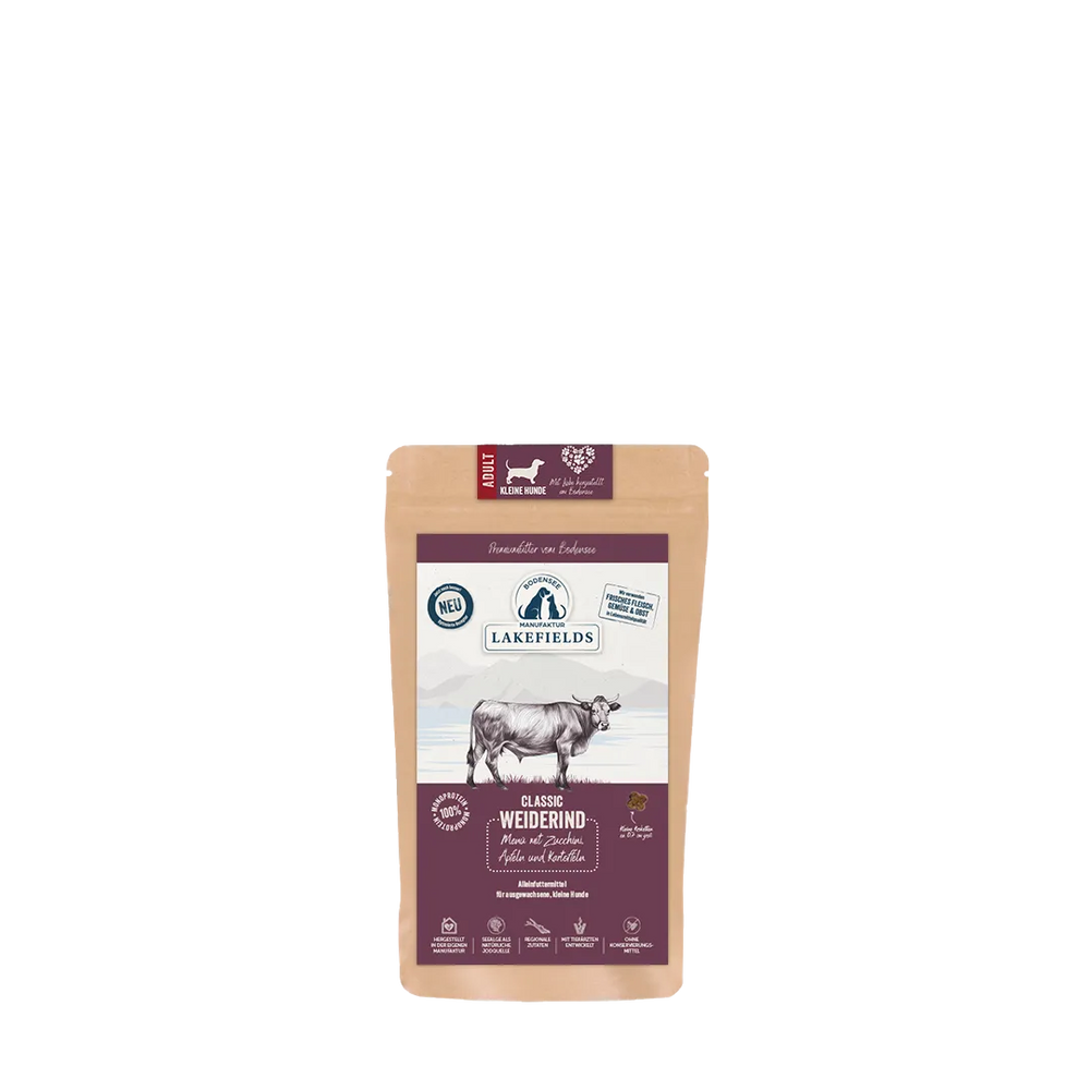 Verpackung von Lakefields Trockenfutter für Hunde mit Rind, lila Beschriftung auf Kraftpapier. Ideal für adulte Mini-Hunde.