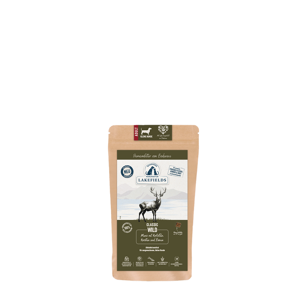 Verpackung des Trockenfutters "Lakefields Classic Wild" für Minis mit Reh und Bio-Qualitätssymbolen.
