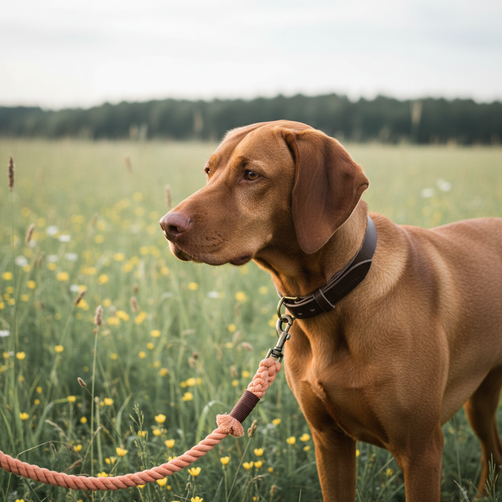 Brauner Hund an einer Tauleine, stehend auf einer Wiese voller gelber Blumen und Gräser.